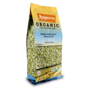 Packaging of Annapoorna Organic Green Gram Split (Moong Dal) with a clear window showing the lentils, labeled as organic and weighing 500 grams, symbolizing the product featured in the 'Organic Green Gram Split (Moong Dal)' page.