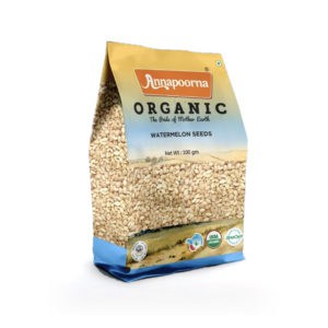 Packaged Annapoorna Organic Watermelon Seeds weighing 100 grams, featuring certification logos from USDA Organic and OneCert, intended for a health-conscious market.