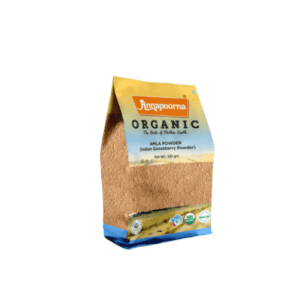 Packaged product of Annapoorna's Organic Triphala Trikatu Amla Powder, featured on the 'Annapoorna Organic Amla Powder' page, emphasizing the organic and certified nature of the product.