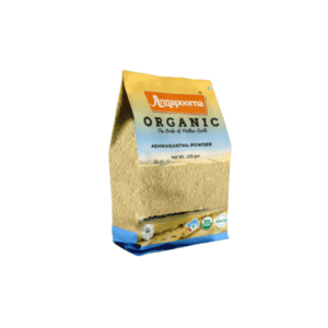 Packaged product of Annapoorna's Organic Ashwagandha Powder, featured on the 'Annapoorna Ashwagantha Powder' page, emphasizing the organic and quality nature of the product.