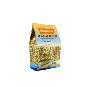 Packaged product of Annapoorna's Organic Mixed Seeds, suitable for a Tea & Snacks Diet, featured on the 'Annapoorna Mix Seeds' page, emphasizing the organic and quality standards of the product.