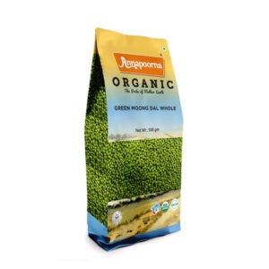 Packaged product of Annapoorna's Organic Green Moong Dal Whole, featured on the 'Organic Green Gram Whole (Moong Dal)' page, emphasizing the organic and quality nature of the product.