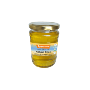 Glass jar of Junapooma brand's Natural Ghee, featured on the Annapoorna Organic Ghee page, suggesting a pure and natural quality of the product.