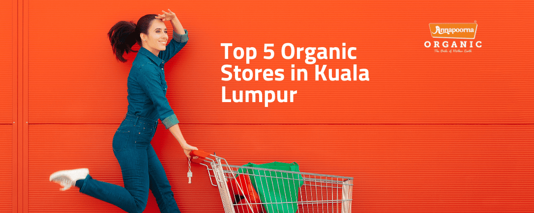 Woman in a playful pose with a shopping cart on a vibrant red background, with the text 'Top 5 Organic Stores in Kuala Lumpur' and the Annapoorna Organic logo, indicating a focus on organic shopping.