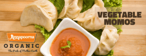 Vegetable momos with organic ingredients, with a spicy dip
